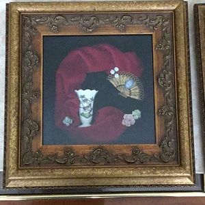 Set of Two Vintage Asian Art Shadow Box Gold Oriental Fan Goodman Dean Scott